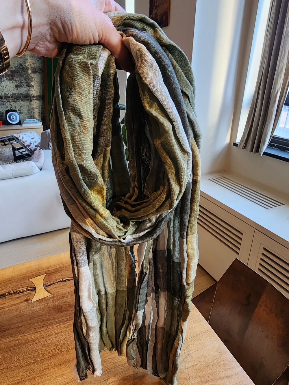 Burberry Striped Linen And Silk Crinkled Scarf - Olive, Gray & Cream - Picture 7 of 8